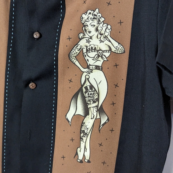 Lucky 13 pinup button down retro sailor Jerry art style missing a button - Picture 7 of 9